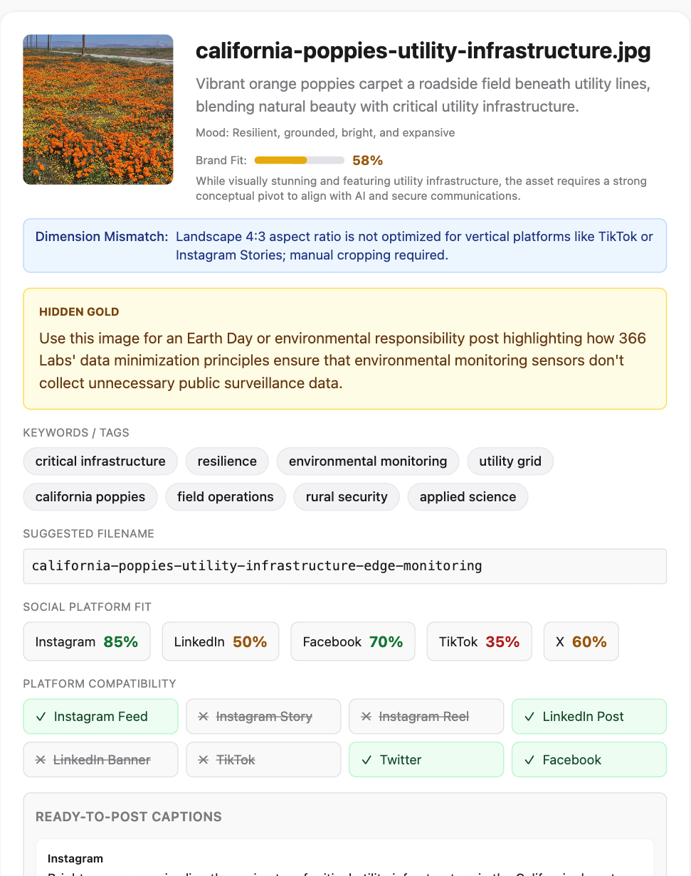 A live Creative Cortex read: a poppy-field photo scored 58 for brand fit with the reason stated, a dimension warning, a Hidden Gold campaign idea, keywords, a clean filename, and platform-by-platform placement.